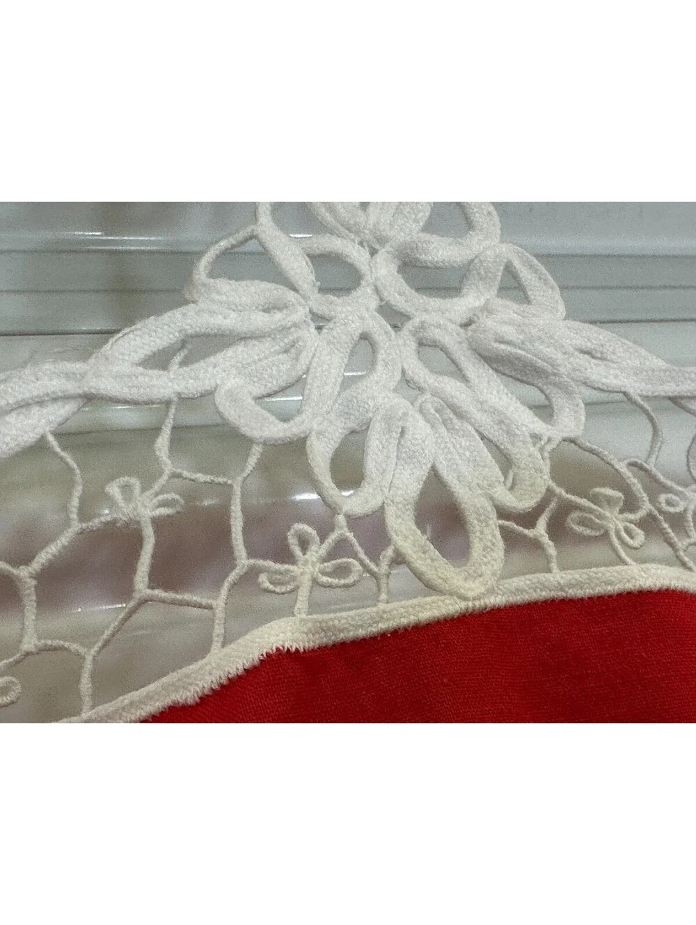 Vintage Cutwork Tablecloth Card Table Topper Floral Red White Embroidery Machine